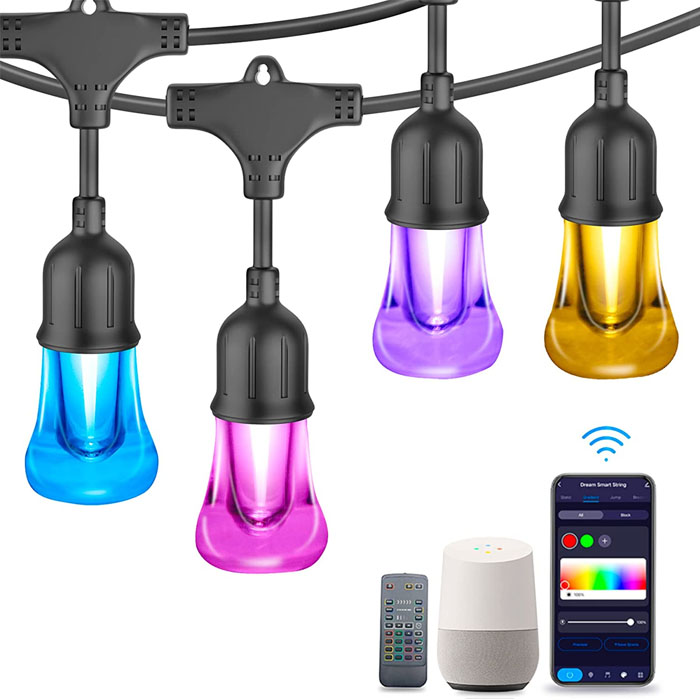 Cadena de luces LED inteligentes para exteriores, cambio de color, 48 pies, 15 bombillas acrílicas RGBW para patio, funcionan con Alexa/Google Home